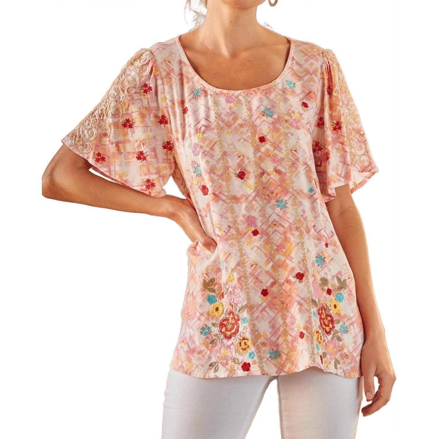 New Andree By Unit Floral Embroidered Top In Blush